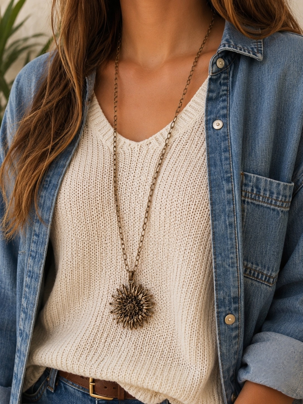 Lucky Brand Sunflower Pendant Long Necklace 30" Antiqued Bronze